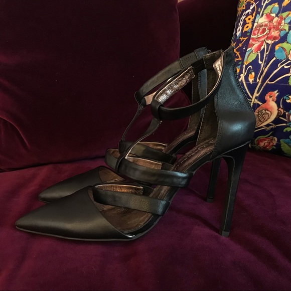Jeffrey Campbell Shoes - Jeffrey Campbell Strappy Black Leather Stilettos with Pointed Toes